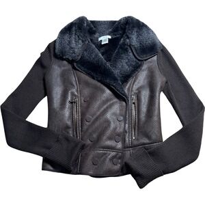 Cache Moto Jacket Womens Small Brown Snakeskin Faux Fur Knit Mixed Media